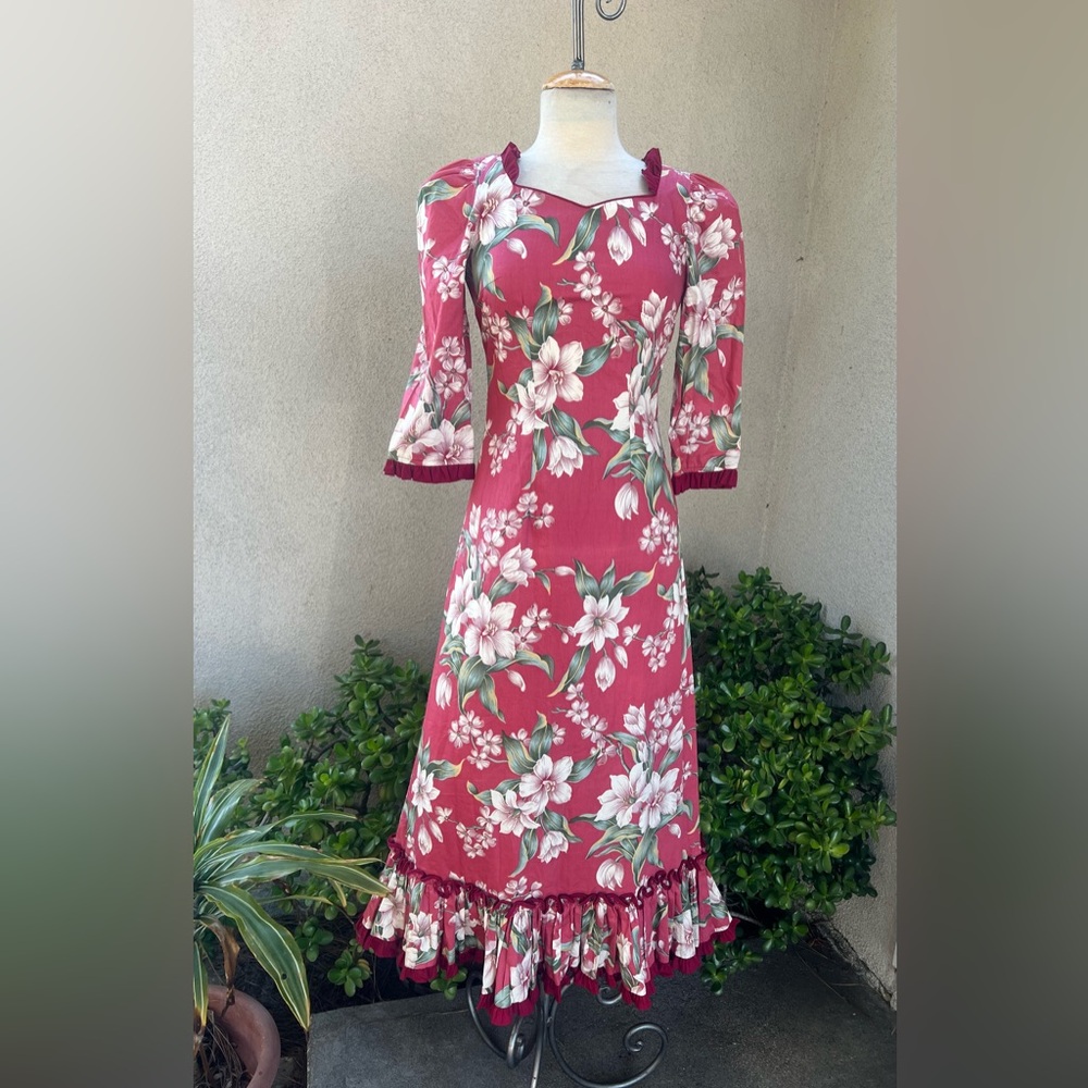 Vintage Luau maxi dress floral light red print ruffles XS/S CC Fashions Hawaii